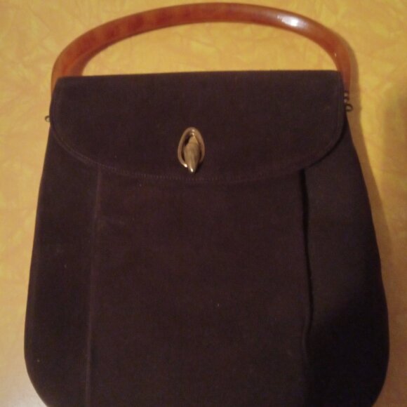 Vintage 1930s brown Suede HandBag orange lucite handle Art deco - Picture 1 of 6